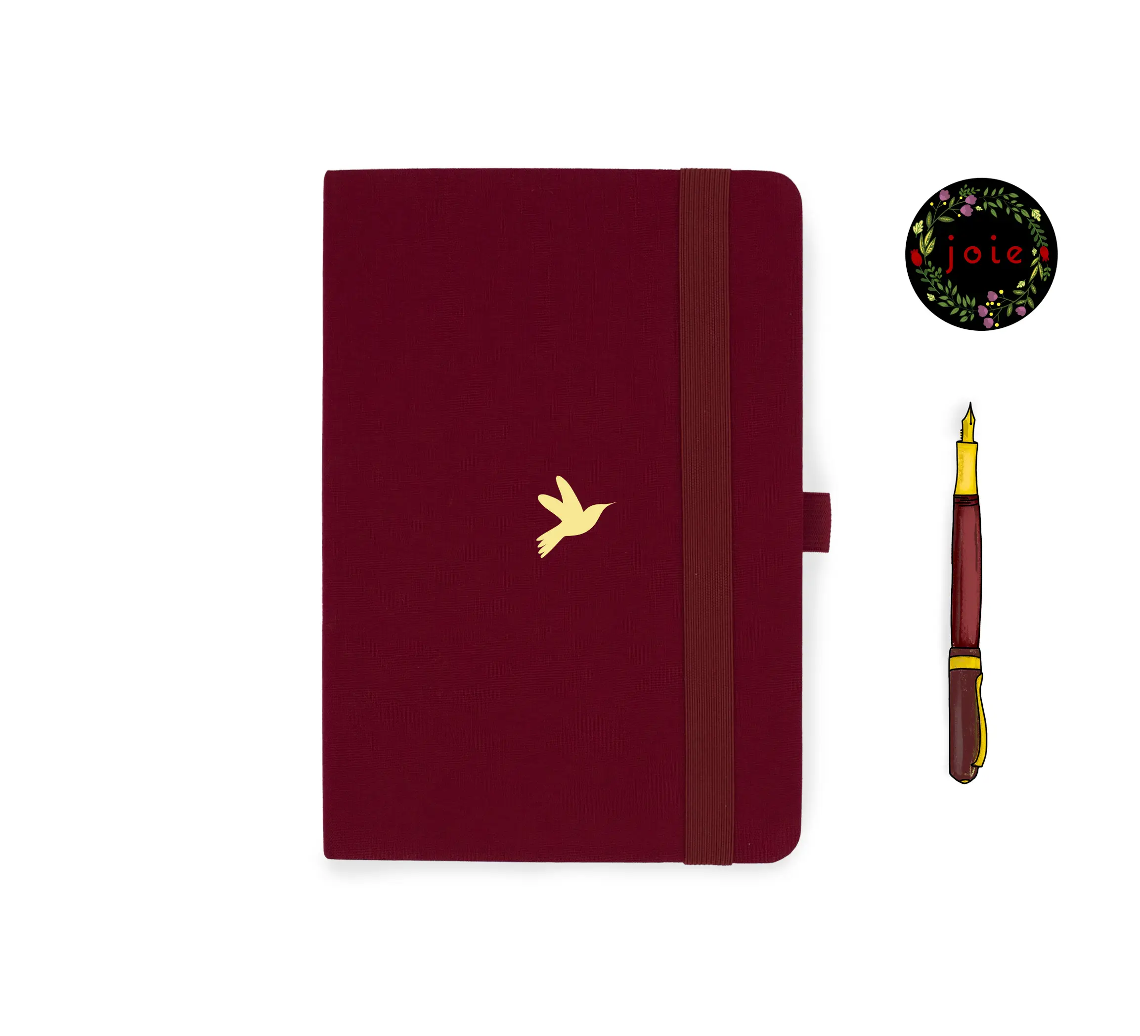 A5 dot grid notebook with a burgundy cover and a bird illustration