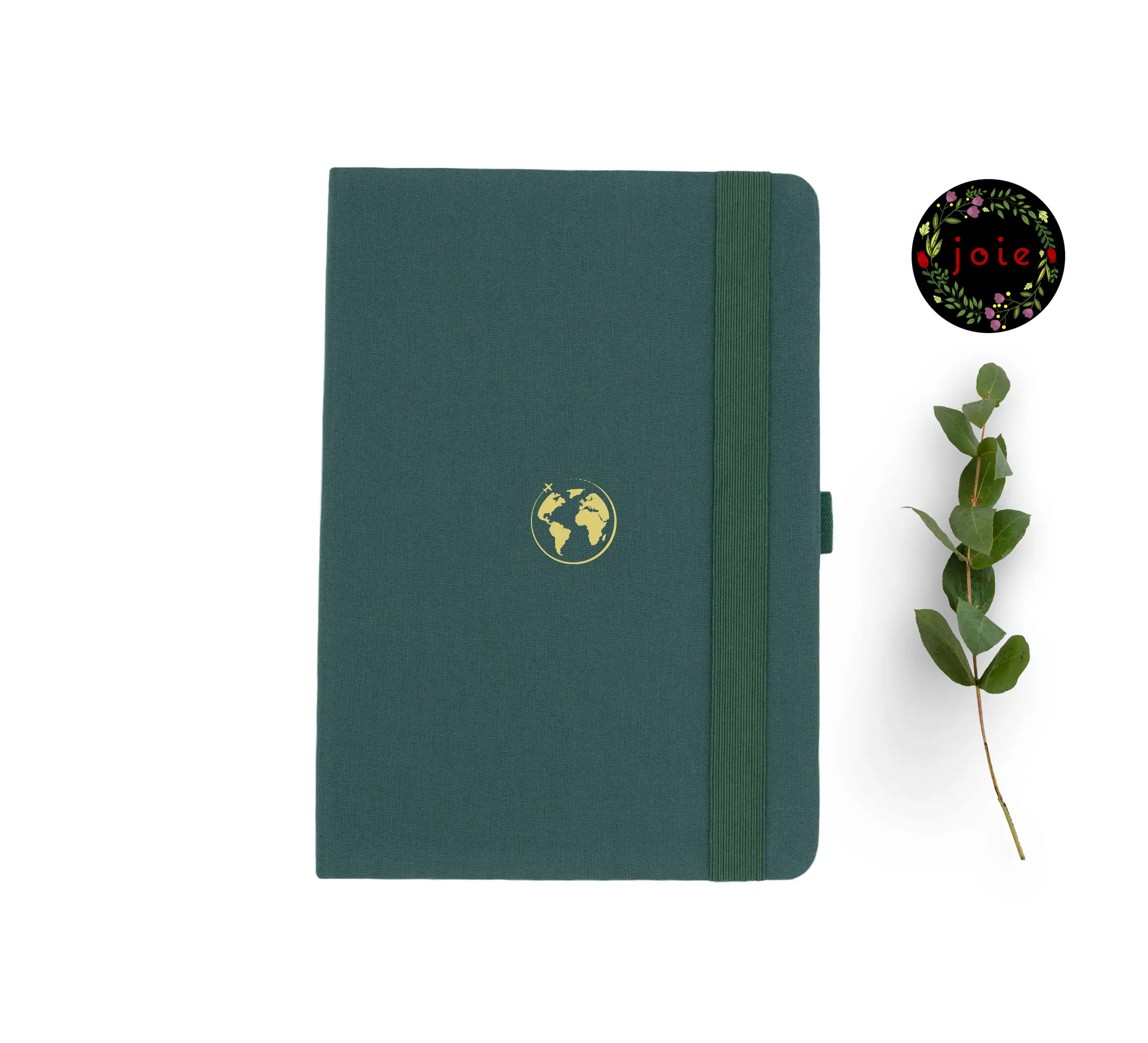 A5 dot grid notebook with a green cover and world illustration