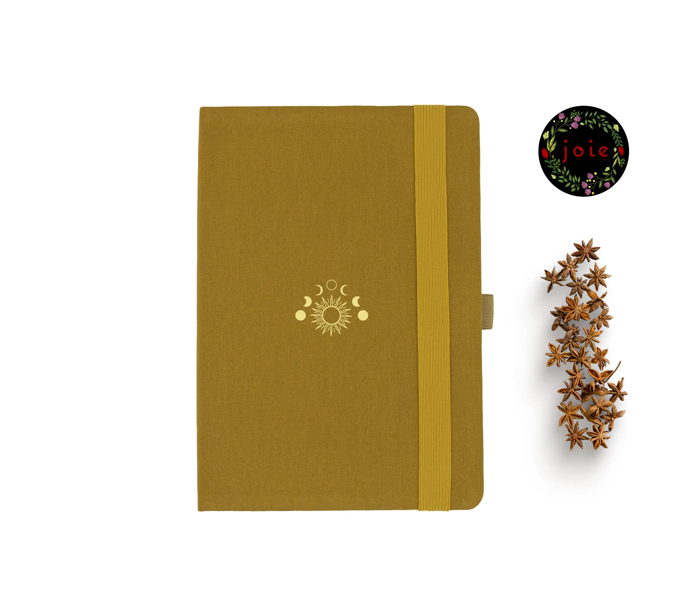 Gold Yellow A5 dot grid notebook with sun designed logo