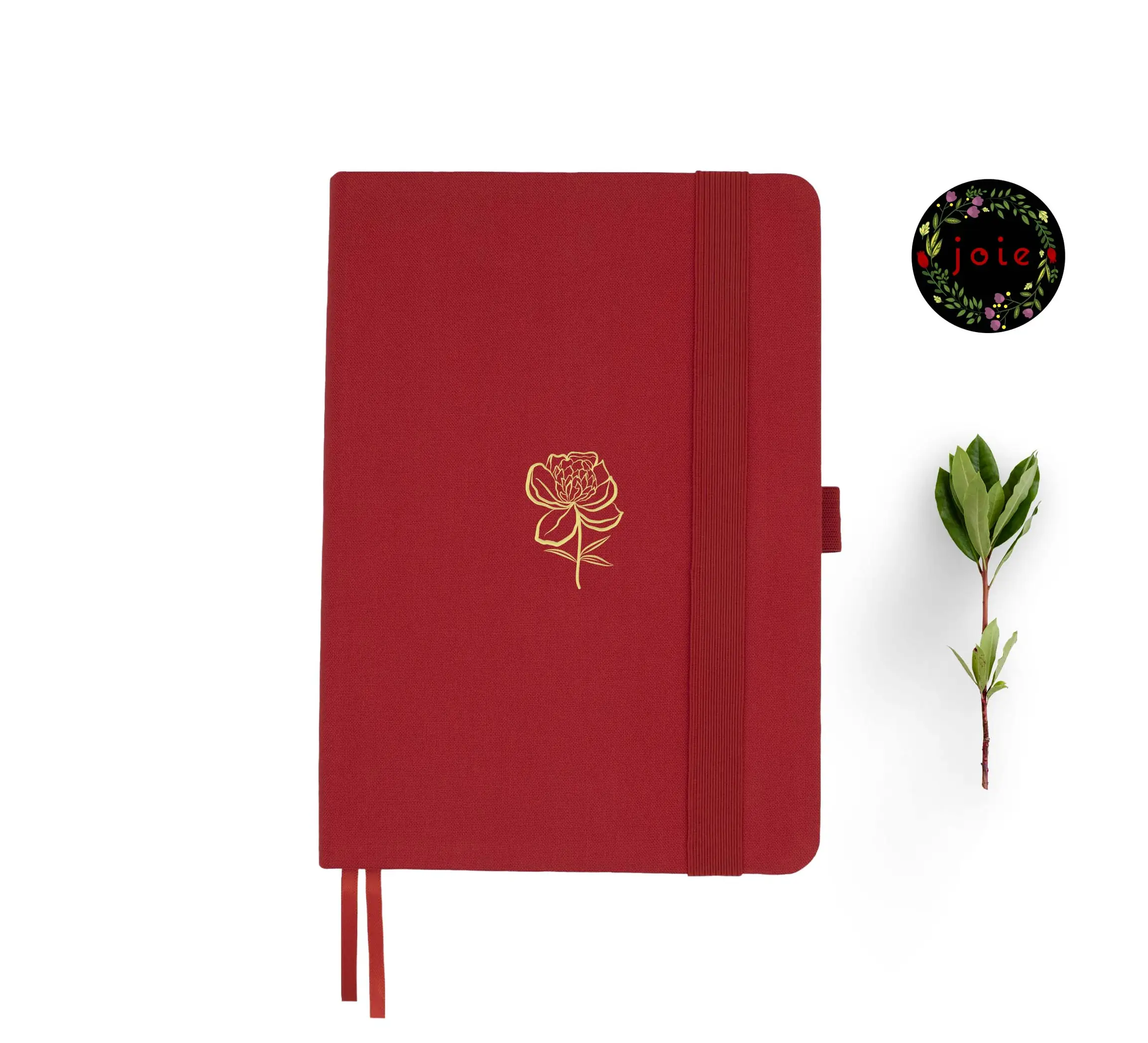 A5 dot grid notebook with peony illustration on red cover
