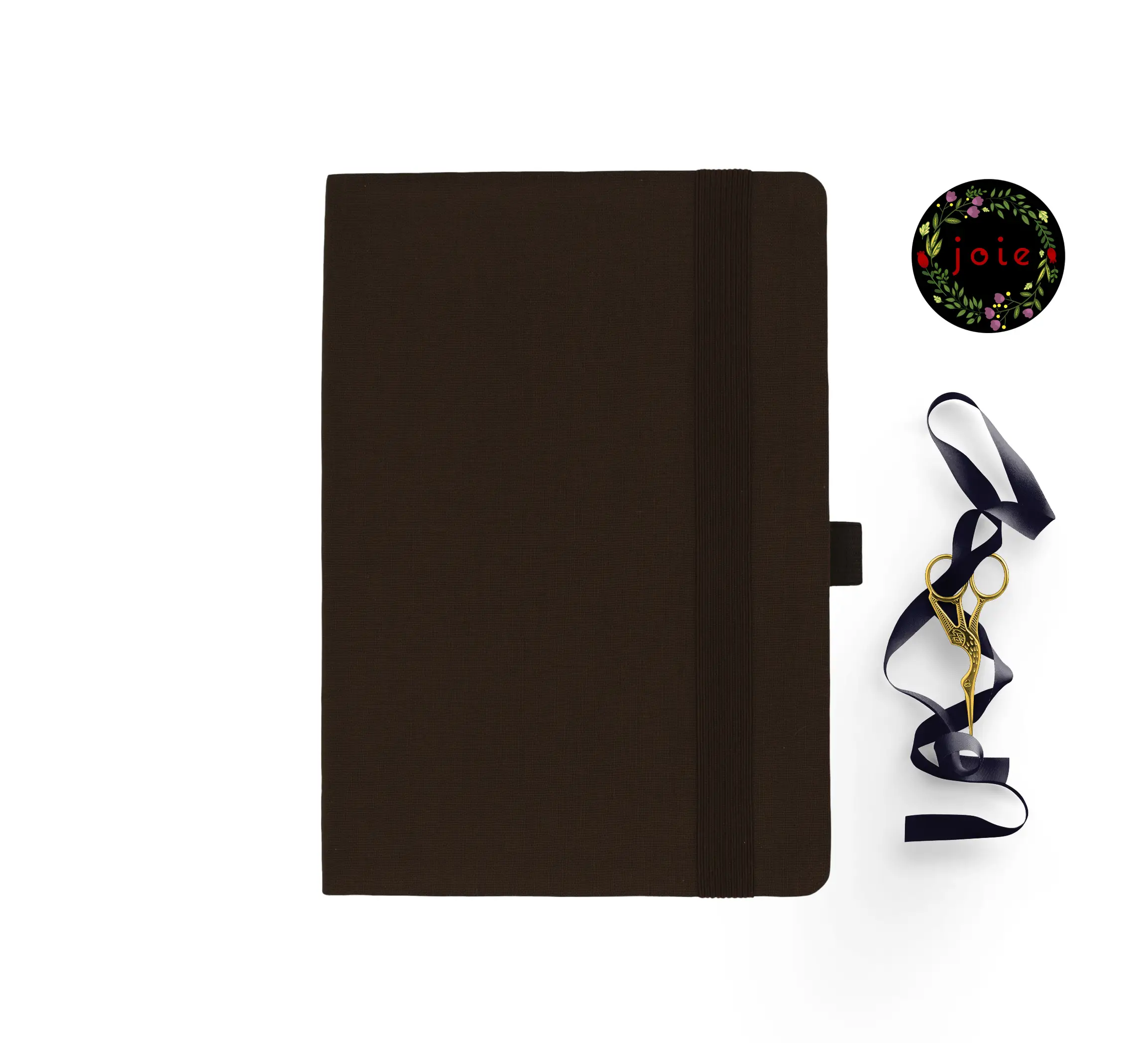 Stylish dark brown cloth notebook featuring smooth rounded corners, matching dark brown elastic closure, pen holder, and two elegant dark brown silk ribbons