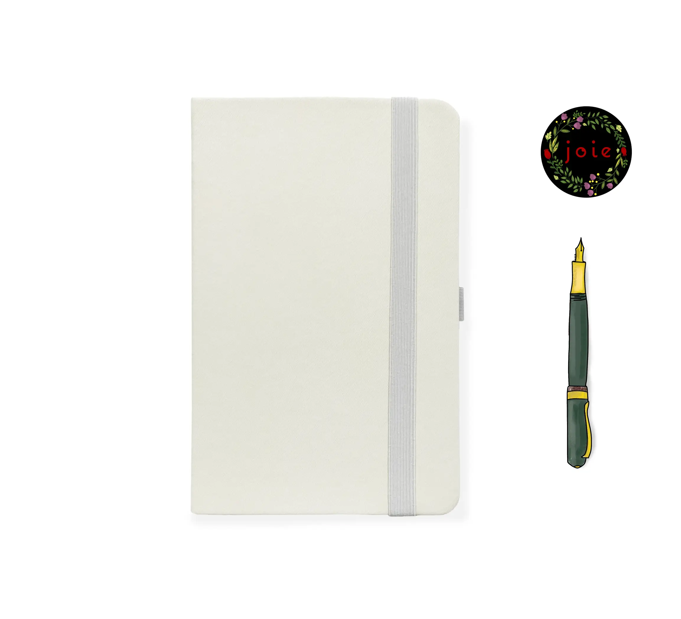 White A5 faux leather dot grid notebook with white elastic band, pen loop, Joie floral logo, and illustrated fountain pen 