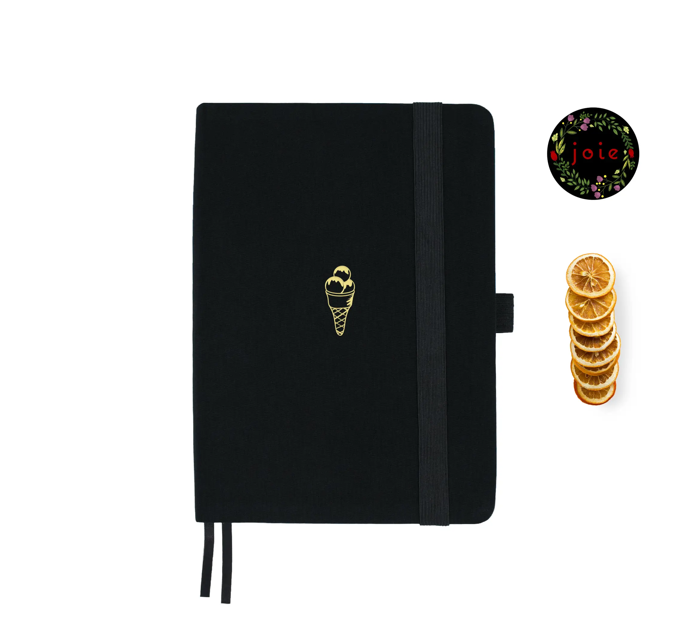 Ice Cream A5 Dot Grid Notebook with black cover and gold illustration
