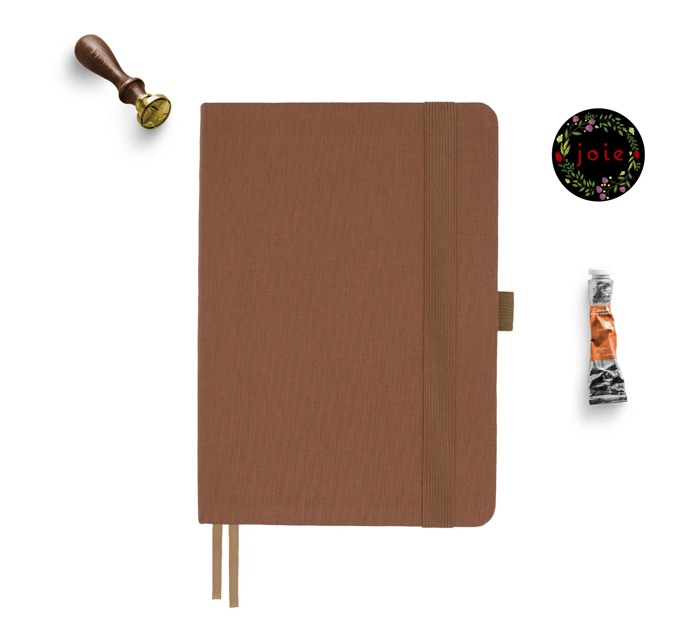 Brown fabric cover notebook with round corners, two bookmarks, elastic band and pen holder