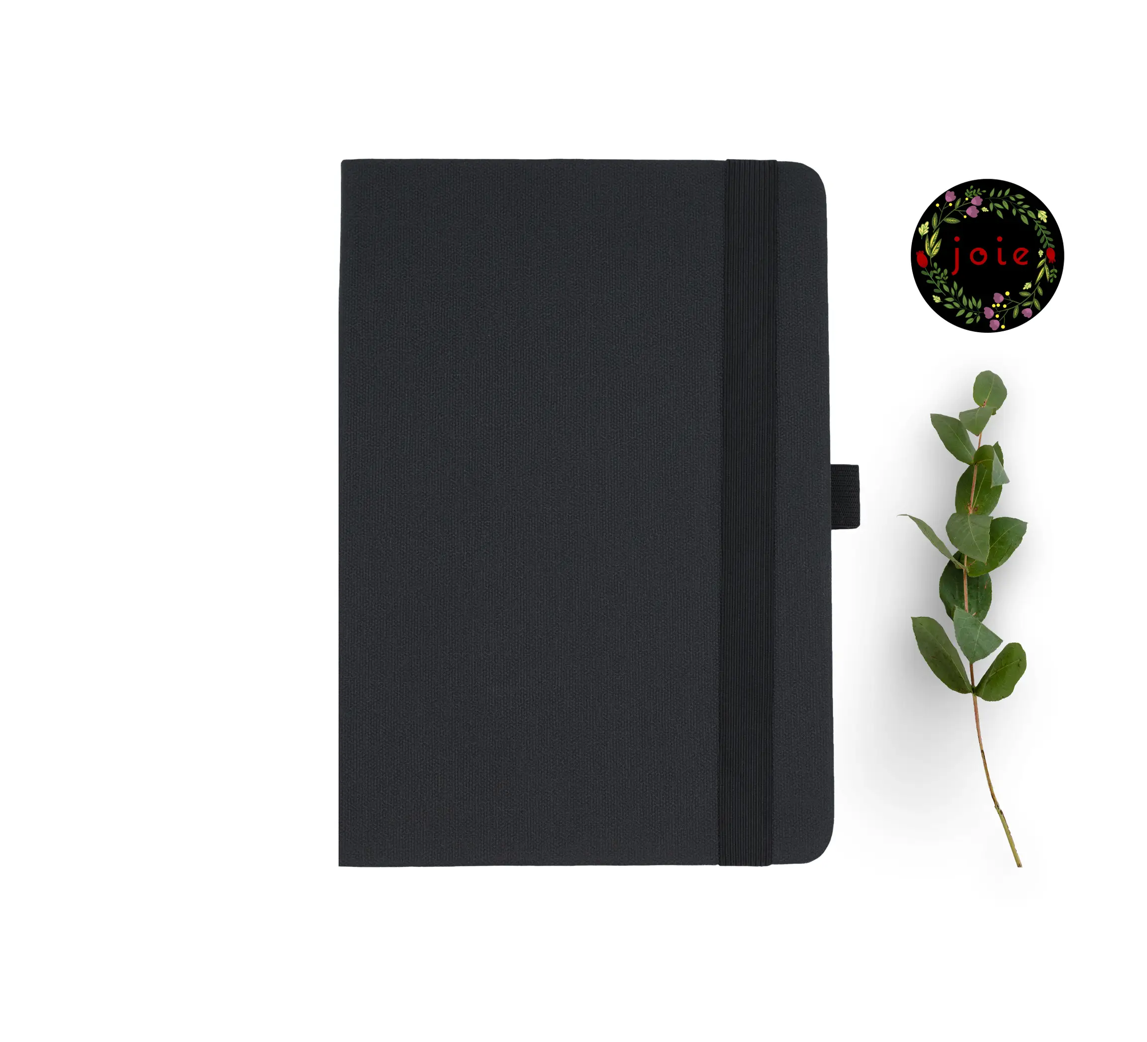 black leather notebook with round corners and elastic band