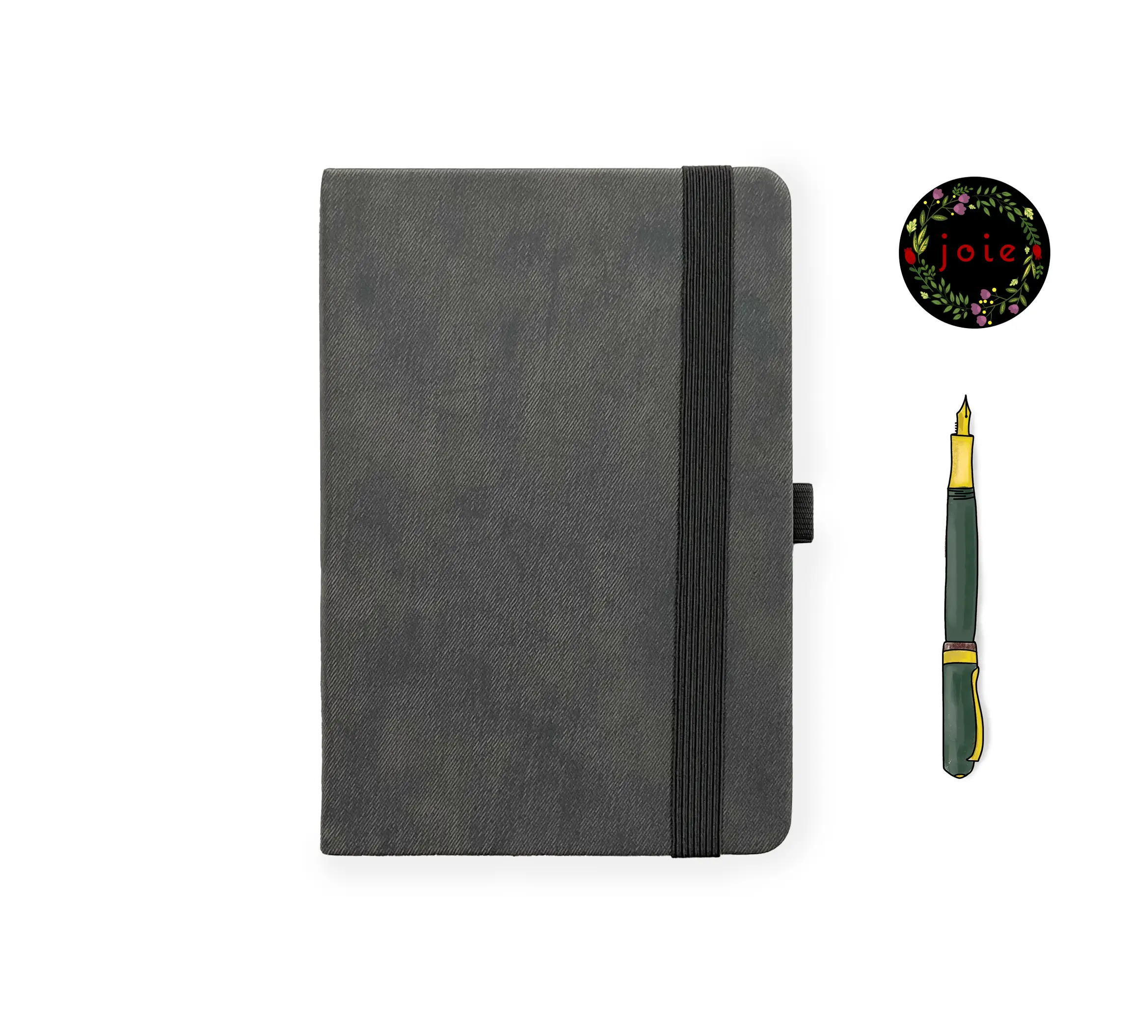 Dark grey leather-textured fabric notebook with rounded corners, matching elastic band, pen loop, and dual ribbon bookmarks, shown with a green and yellow fountain pen illustration and a floral 'joie' logo