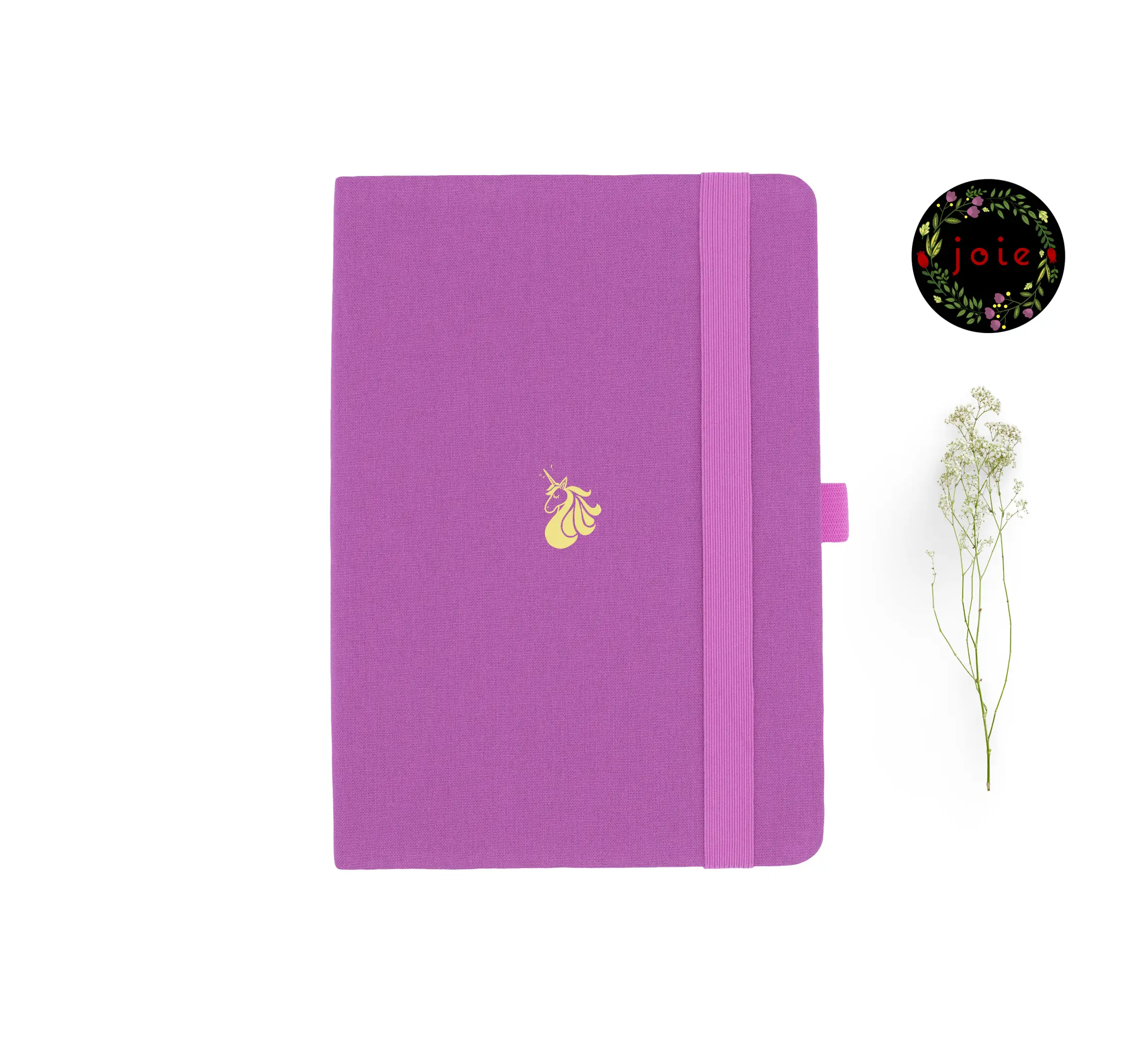 A5 dot grid notebook with unicorn illustration and elastic band