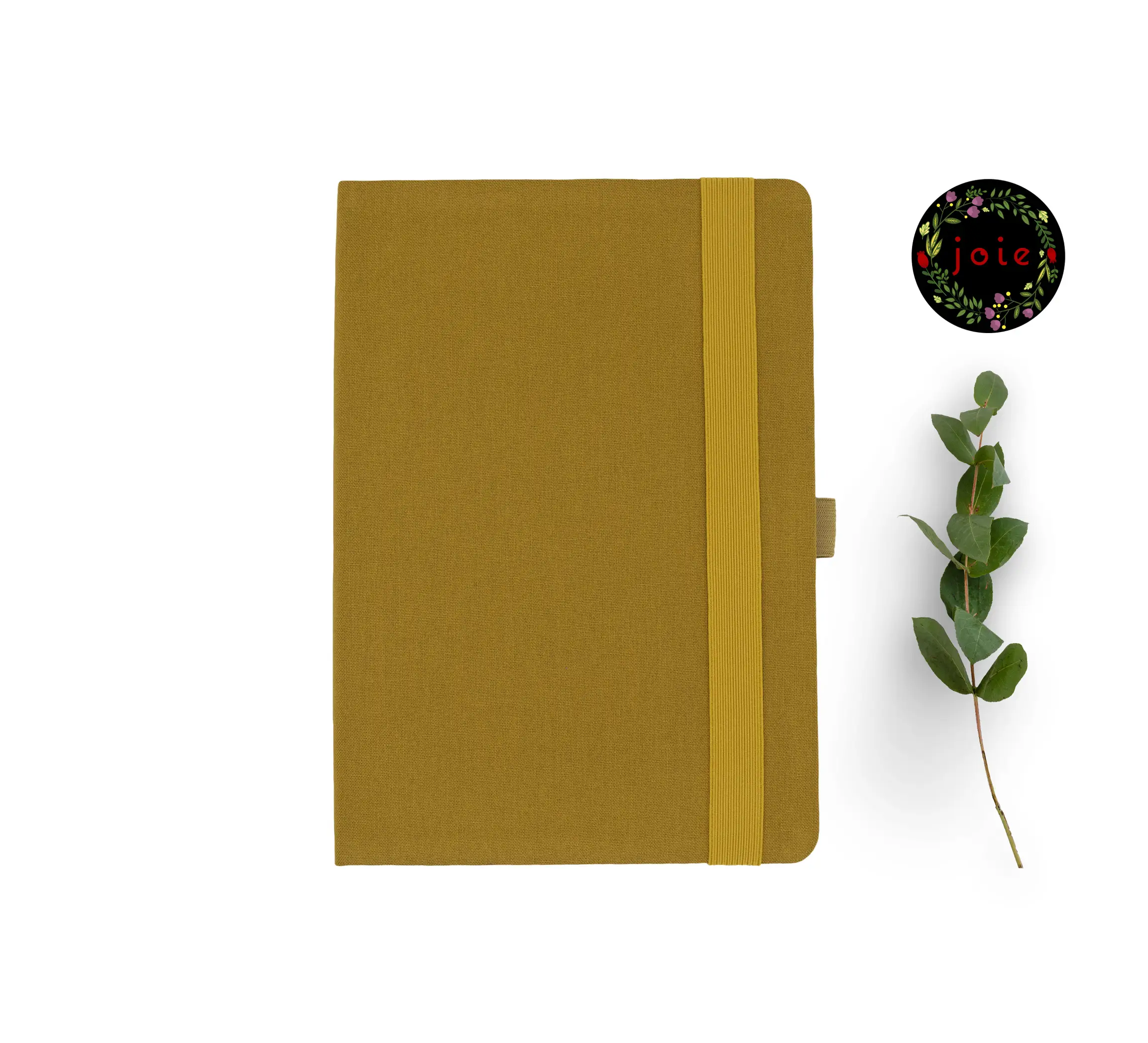 Mustard Yellow color fabric dot grid notebook with rounded corners, elastic band and pen holder