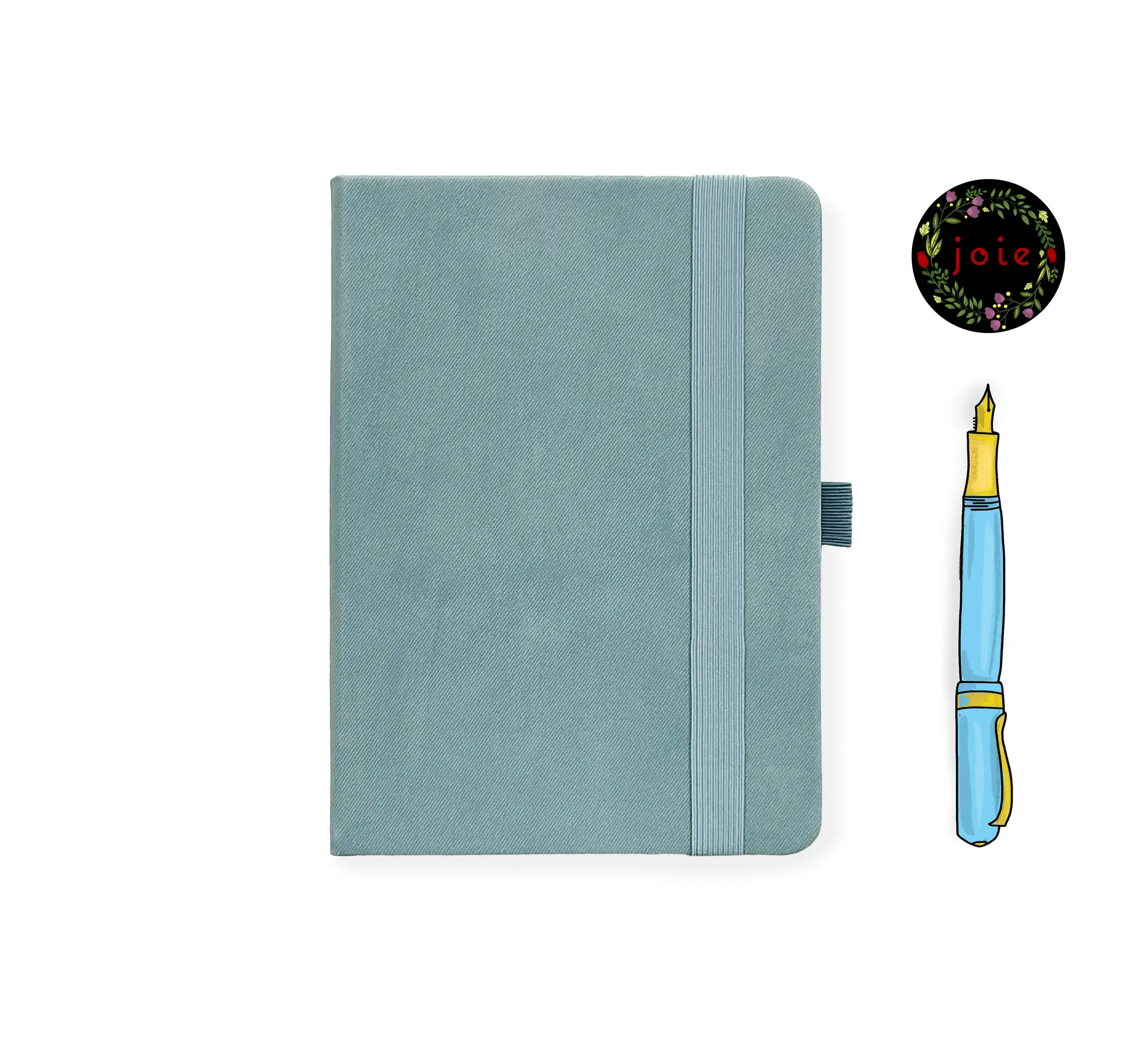 Light blue leather-covered notebook with rounded corners, matching elastic band, and pen loop, paired with an illustrated blue and yellow fountain pen and a floral 'joie' logo.