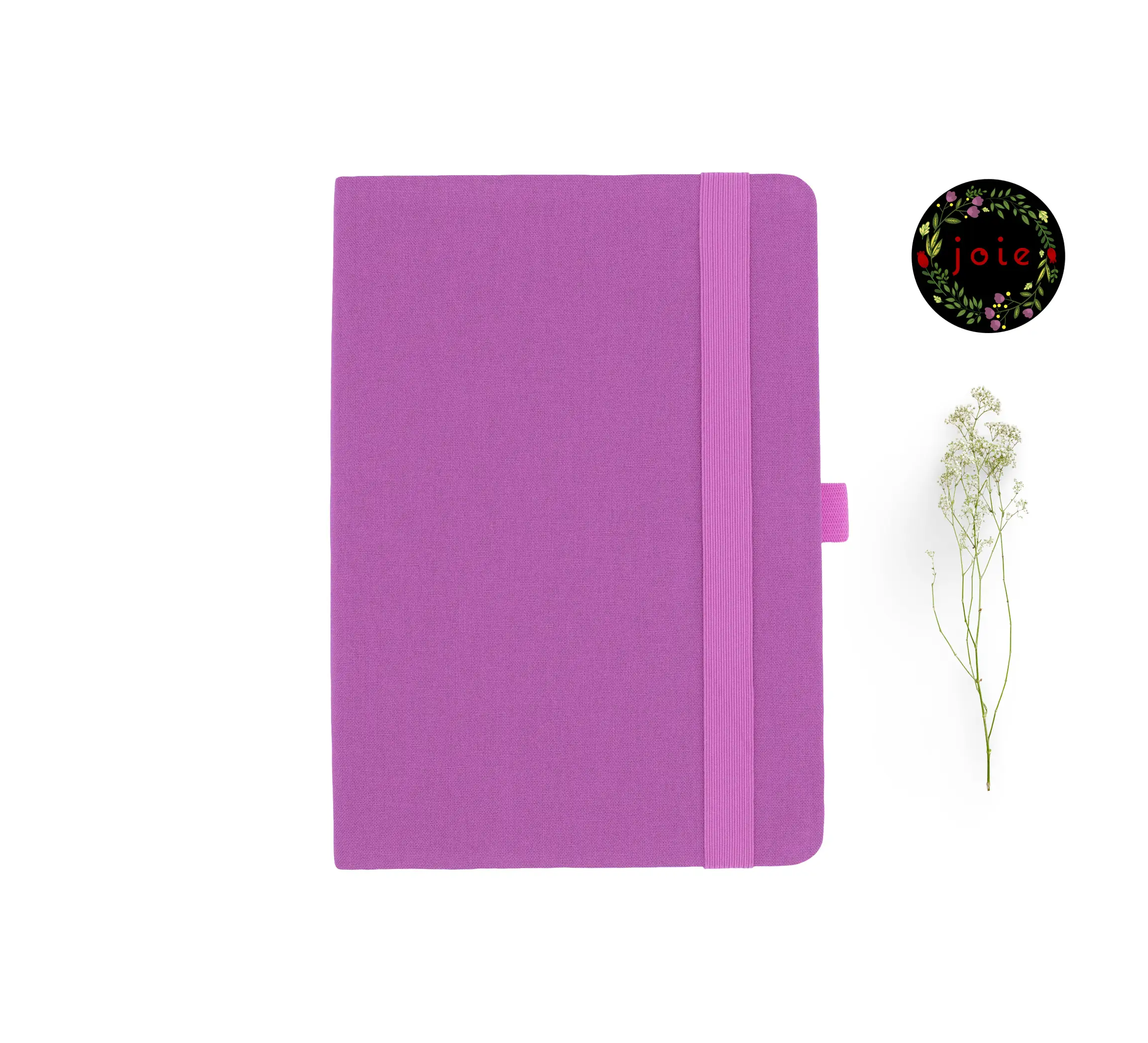 Pink A5 fabric dot grid notebook with elastic band, pen loop, Joie logo, and dried flowers – perfect for journaling and planning