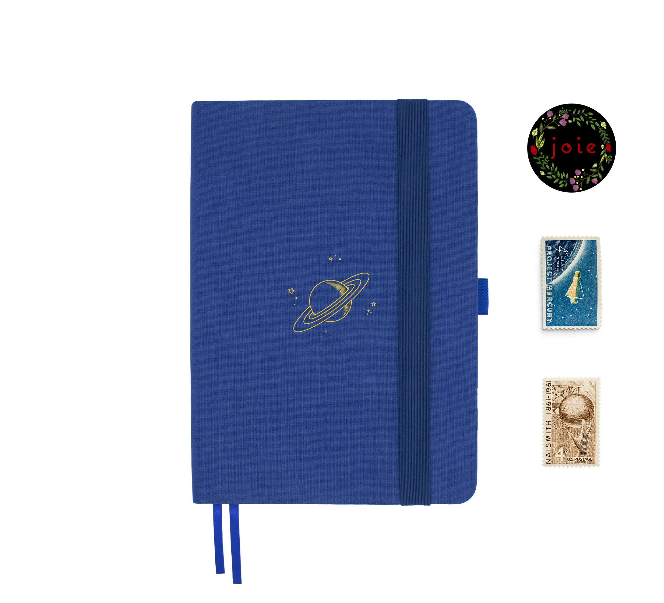 A5 dot grid notebook with Saturn illustration on blue cover